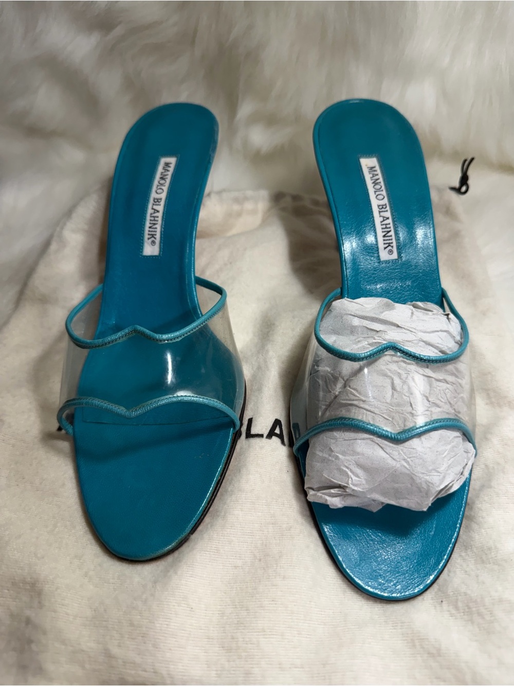 Manolo Blahnik Teal Slide Mules with Clear Strap - Picture 3 of 10